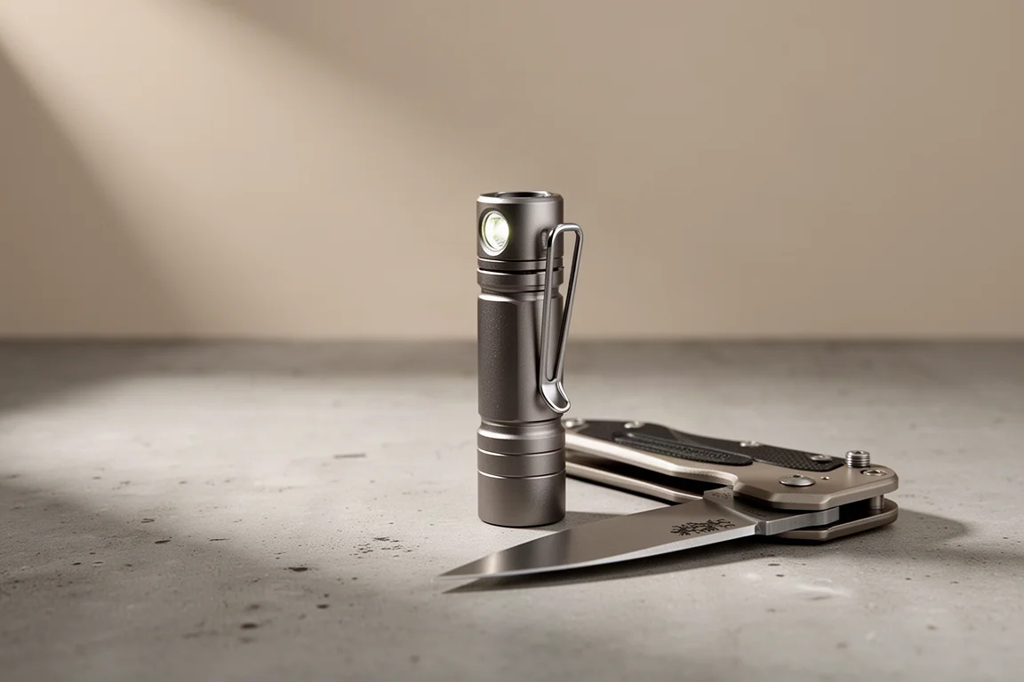 Tiny anodized aluminum EDC flashlight standing on concrete next to a folding knife