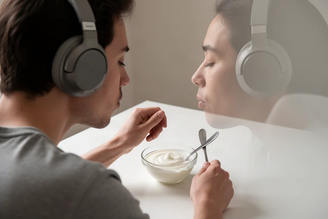 Person mit Over-Ear-Kopfhörern probiert einen kleinen Dessertlöffel Joghurt