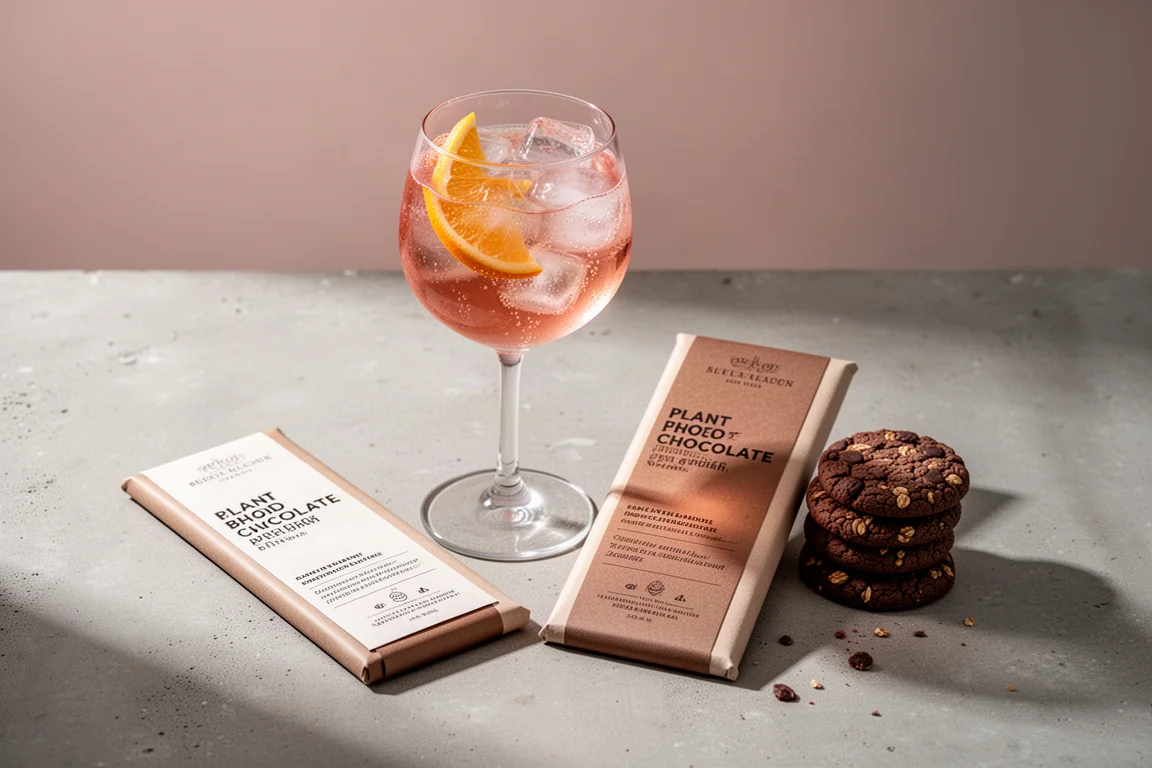 Aperitivo-Sprizzglas und eingepackte Schokoriegel auf einer Betonoberfläche arrangiert