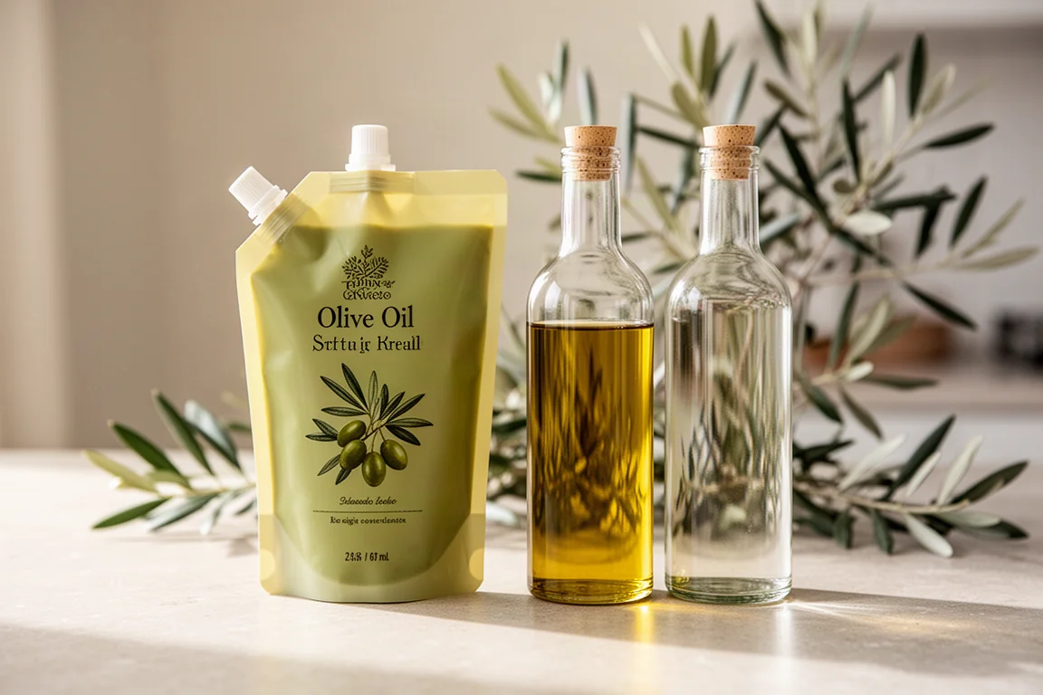 Bustine di ricarica di olio d'oliva su un piano cucina accanto a bottiglie di vetro
