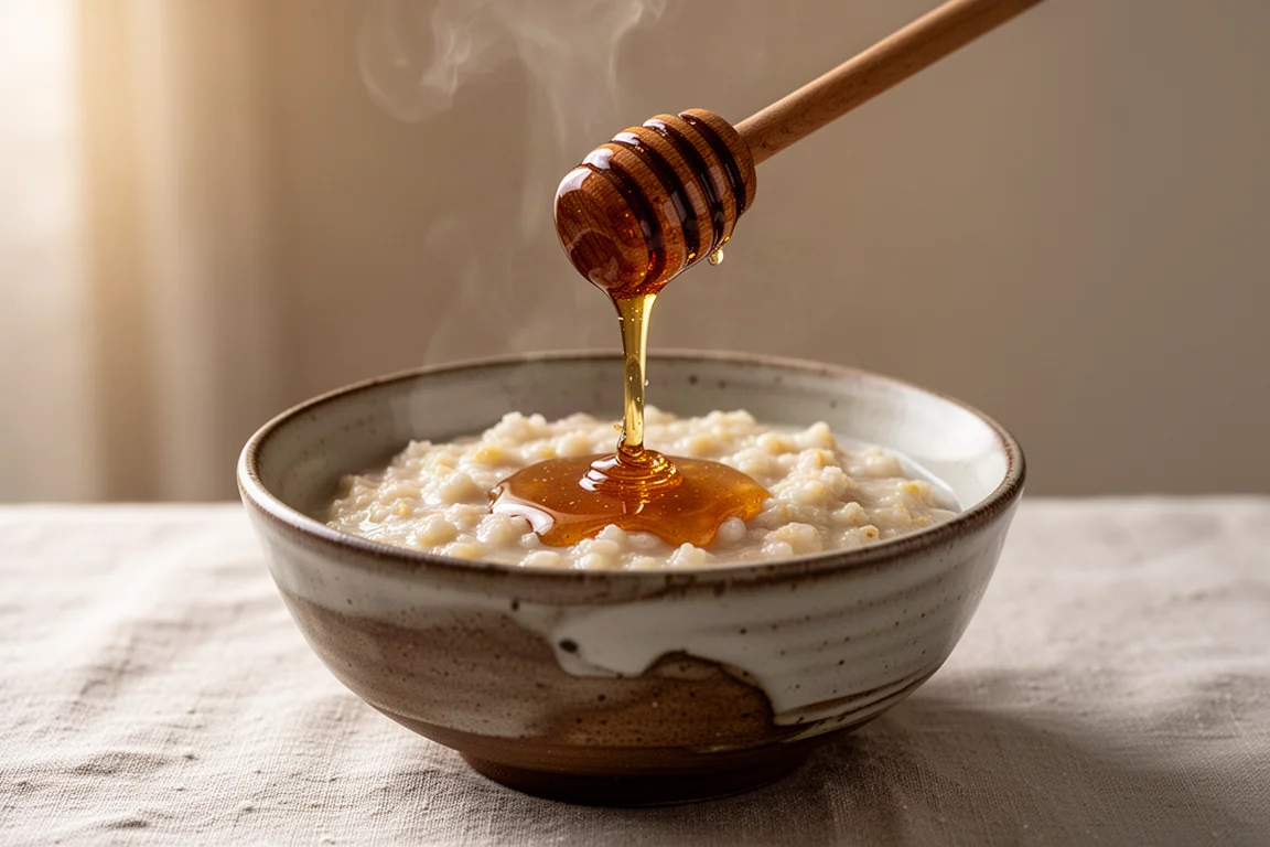 Miele scuro versato in una ciotola di porridge