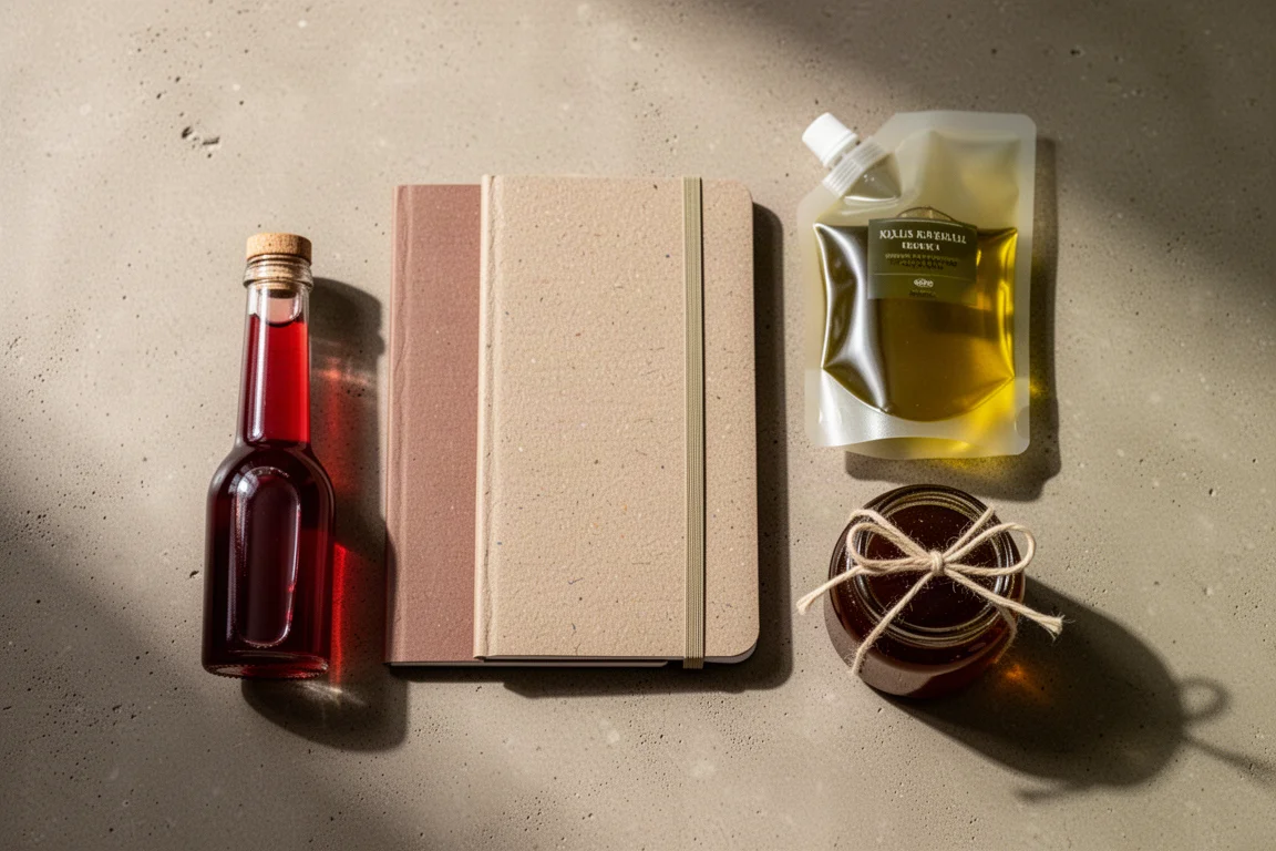 Flasche mit Shrub-Sirup, nachhaltige Notizbücher, Olivenöl-Beutel und Bienenwachs-Honigtopf auf einer Betonoberfläche arrangiert
