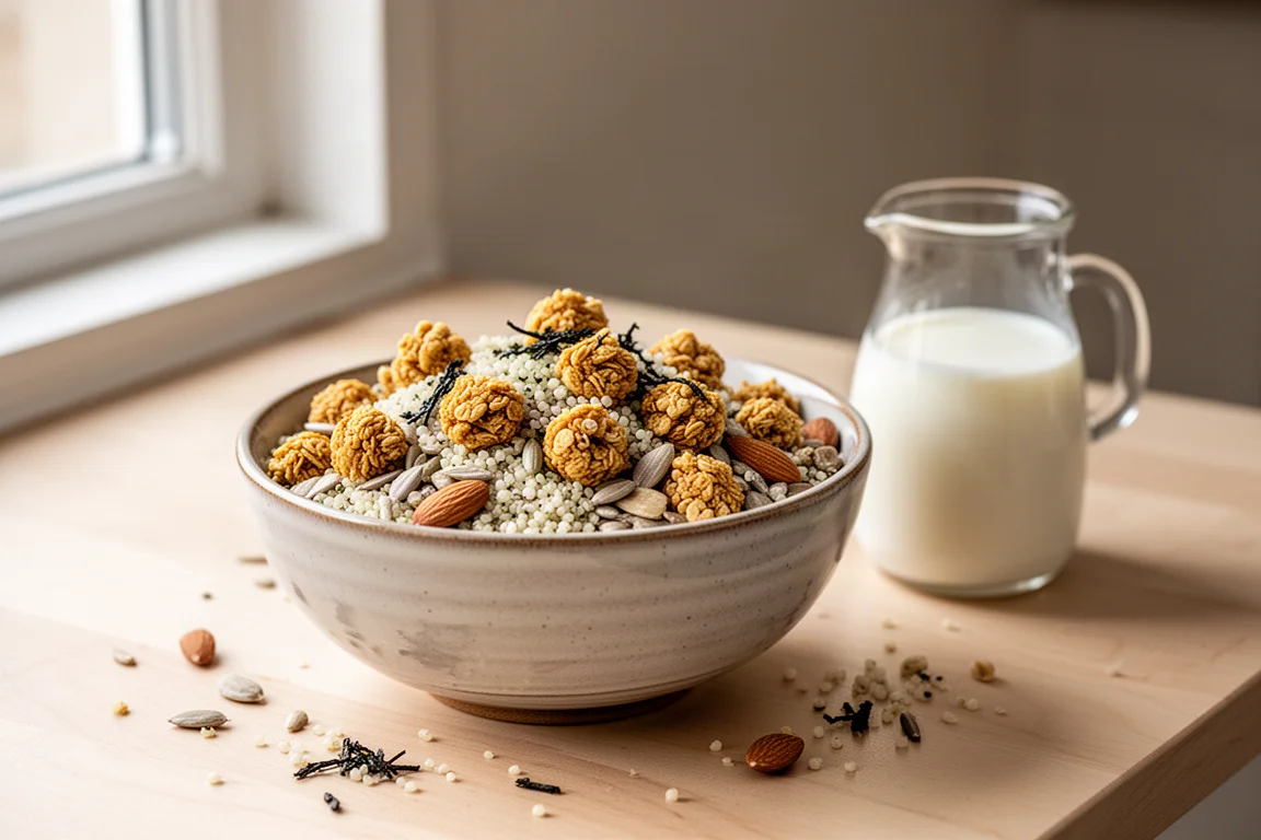 Schale mit goldenem Granola mit Kernen und dunklen Seetangflocken auf einer Küchenarbeitsplatte