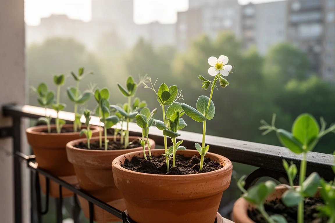 Erbsensprossen in kleinen Töpfen auf einem sonnigen Balkon
