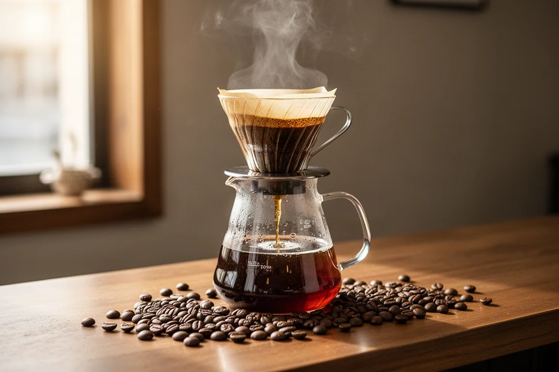 Pour-over-Kaffee brüht auf, Dampf steigt auf in hellem Café-Ambiente