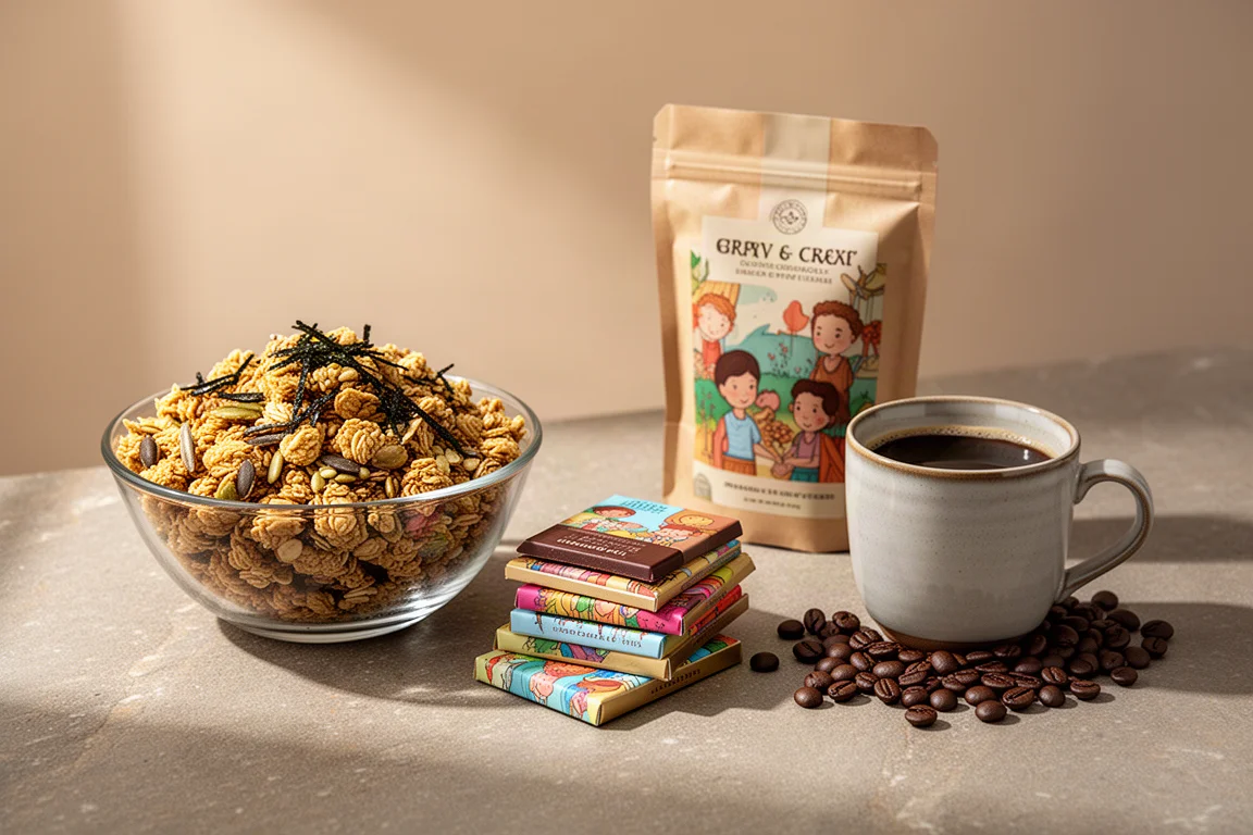 Granola bowl, illustrated chocolate bars and coffee arranged on a stone surface