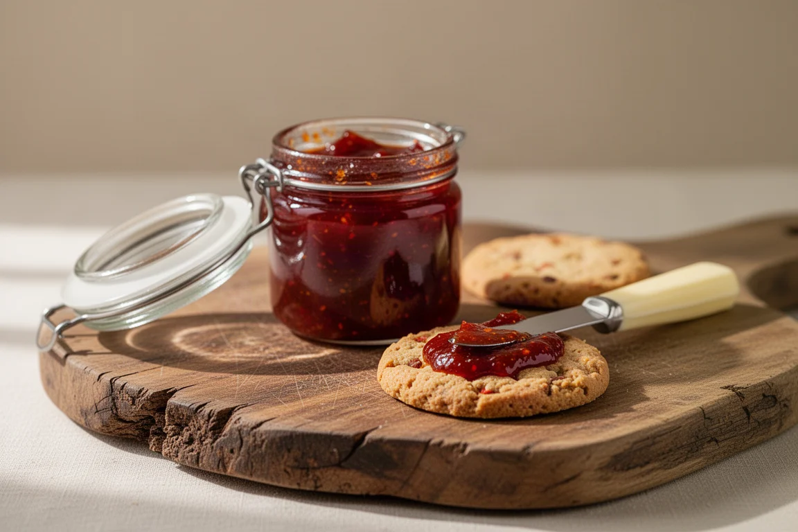 Un petit pot en verre de confiture de piment rouge à côté de fromage et de crackers sur une planche en bois