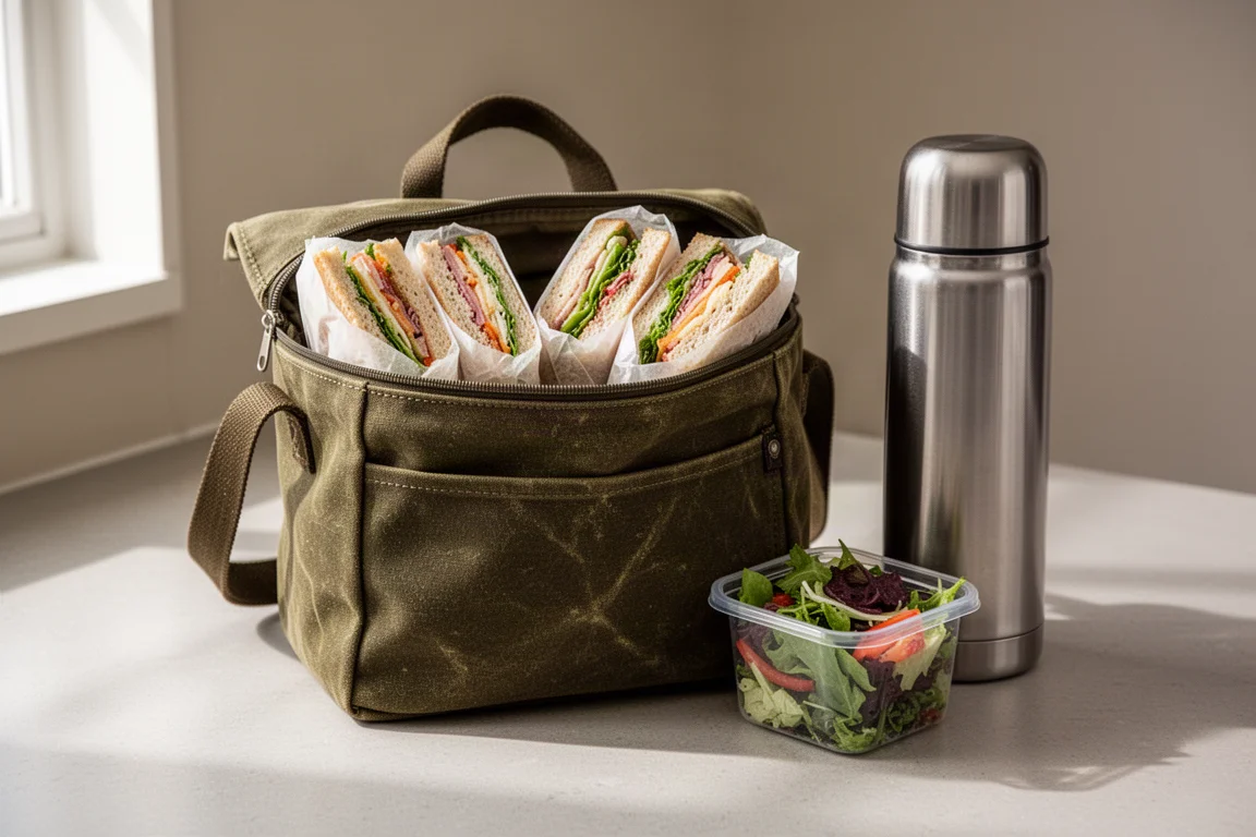 Un sac à lunch en toile cirée rempli de sandwichs posé sur un plan de travail de cuisine