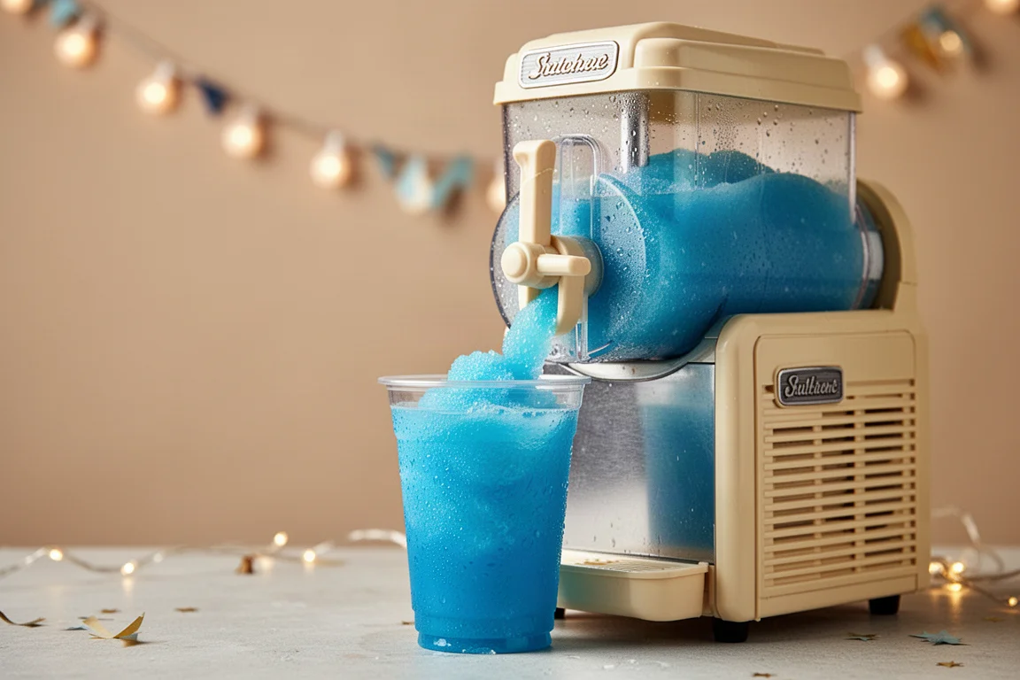 Une machine à granita distribuant une boisson glacée bleu vif dans un gobelet transparent