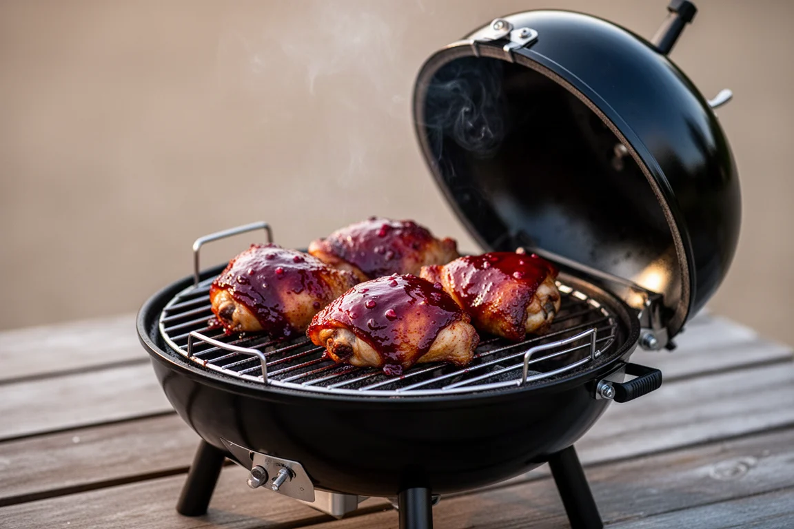 Des cuisses de poulet laquées grillant dans un petit fumoir à charbon de table