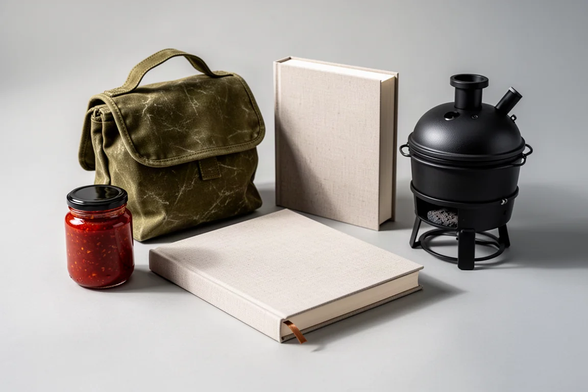 A flat-lay of foodie Christmas gifts including chilli jam, a lunch bag, a recipe book and a small smoker