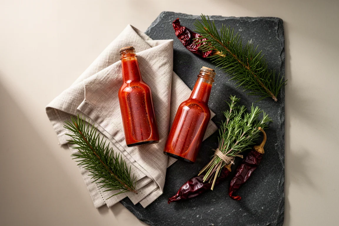 Regalos gastronómicos festivos dispuestos sobre una superficie de piedra oscura con luz suave de ventana