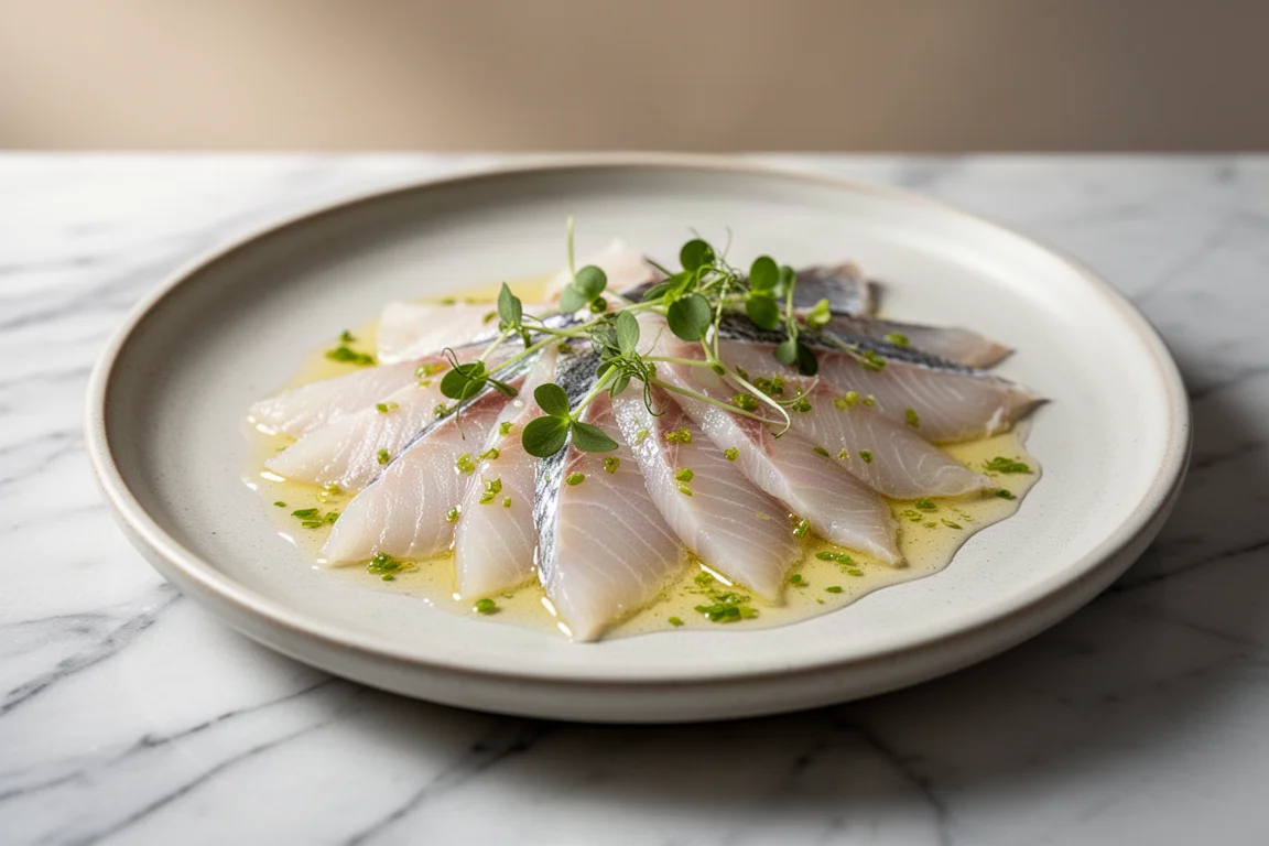 Finas láminas de dorada cruda aliñadas con salsa de cítricos sobre un plato de cerámica