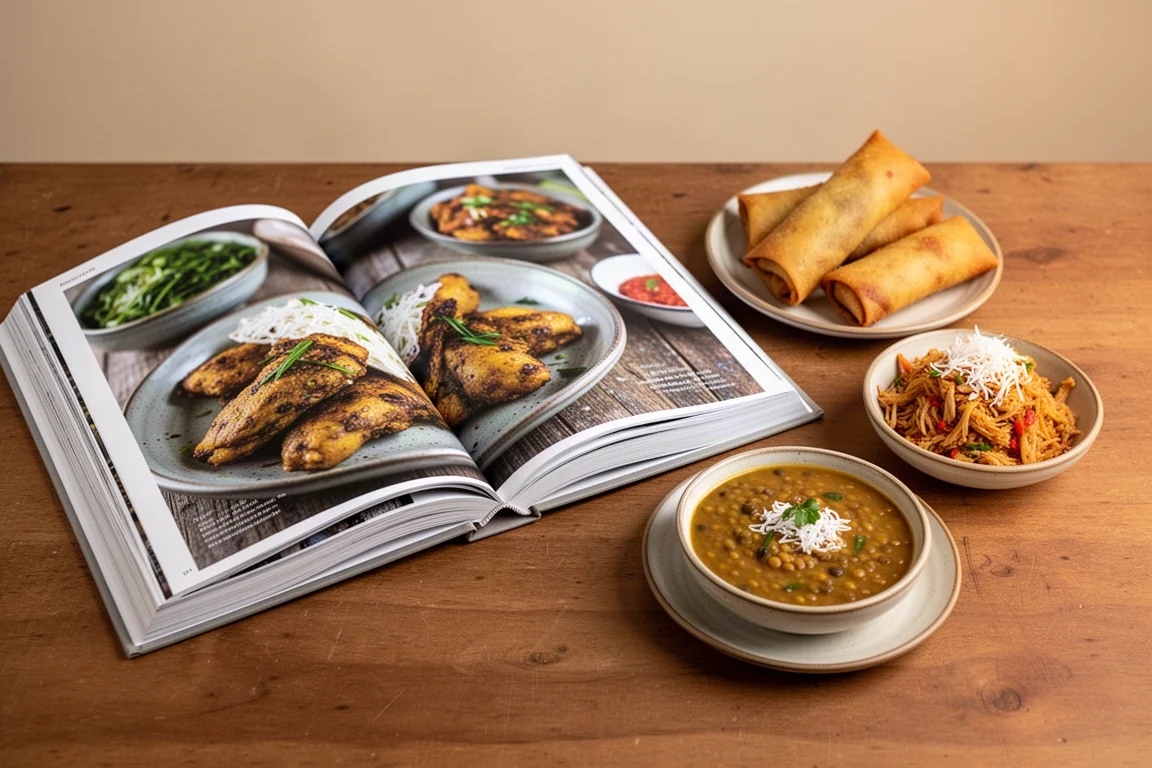 Libro de cocina en tapa dura abierto junto a platos de comida de Sri Lanka sobre una mesa de madera