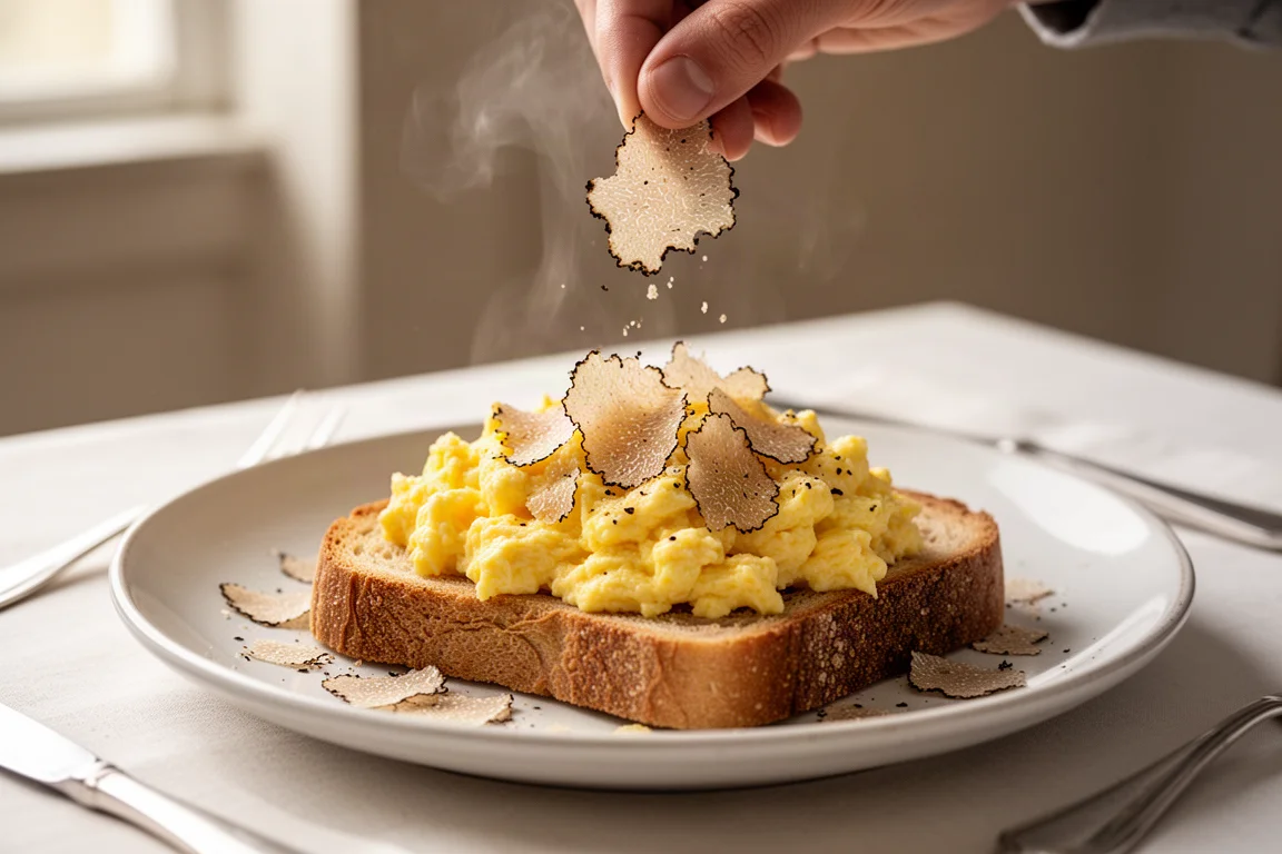 Huevos revueltos sobre tostada recién rallados con trufa blanca en una mesa de desayuno luminosa