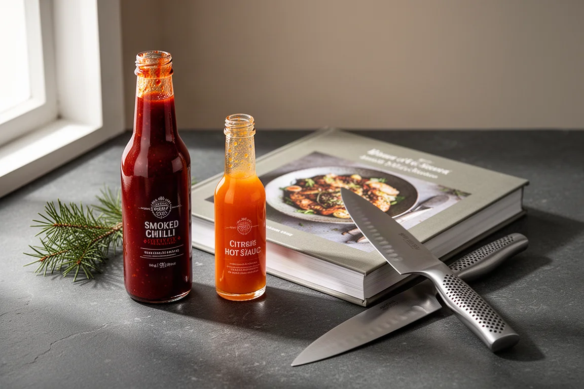 Festive food gifts including hot sauces, a cookbook and a chef's knife on dark stone