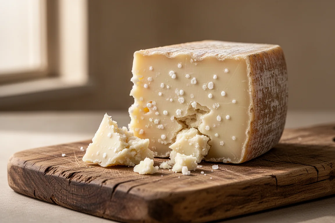 Aged wedge of hard Italian cheese with visible white tyrosine crystals on a wooden board