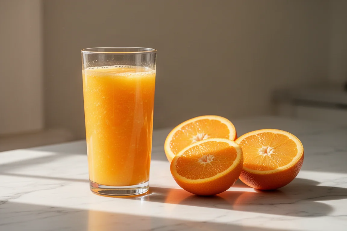 Freshly poured orange juice in a glass beside halved oranges on a marble counter