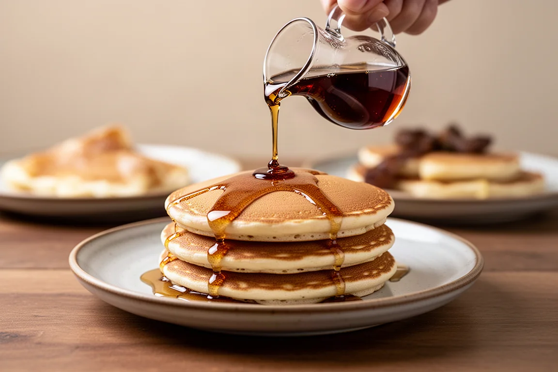 Dark maple syrup being drizzled from a glass jug onto a stack of pancakes