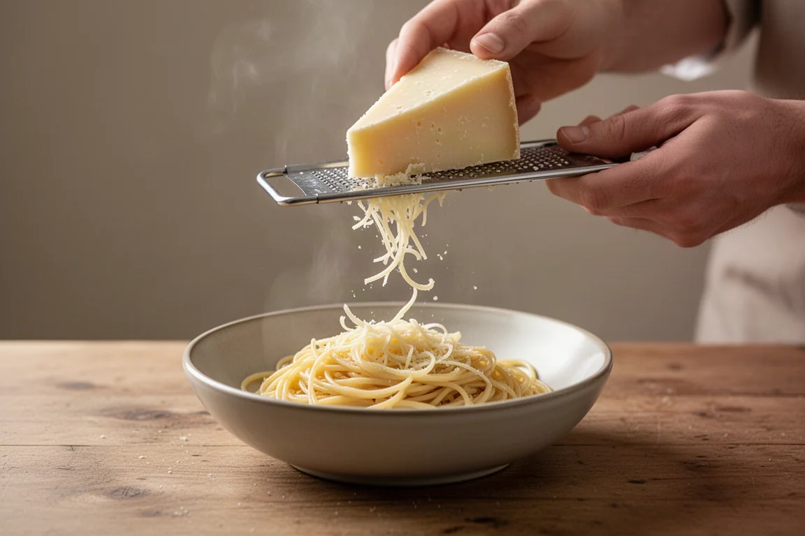 Pecorino Romano wedge being grated over a bowl of pasta in a home kitchen
