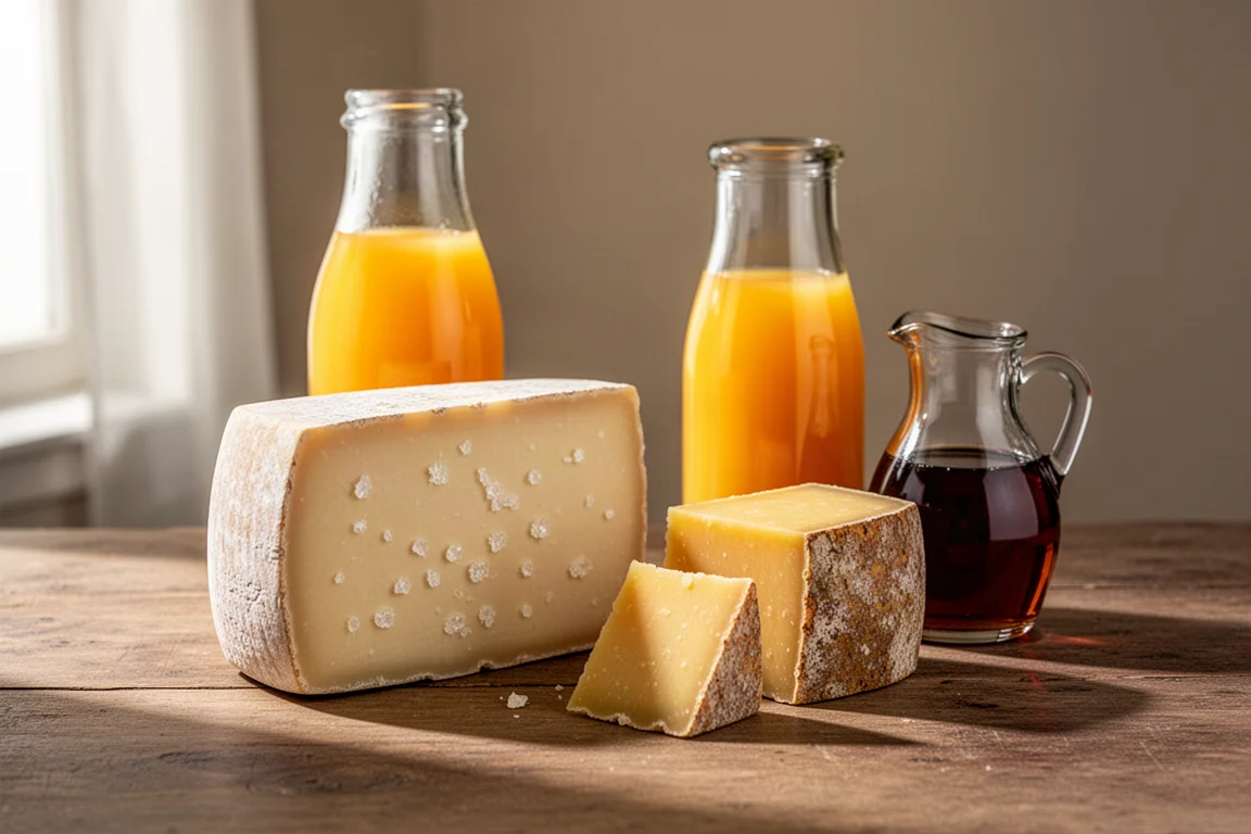Still life of aged cheese wedges, orange juice, and maple syrup on a wooden surface