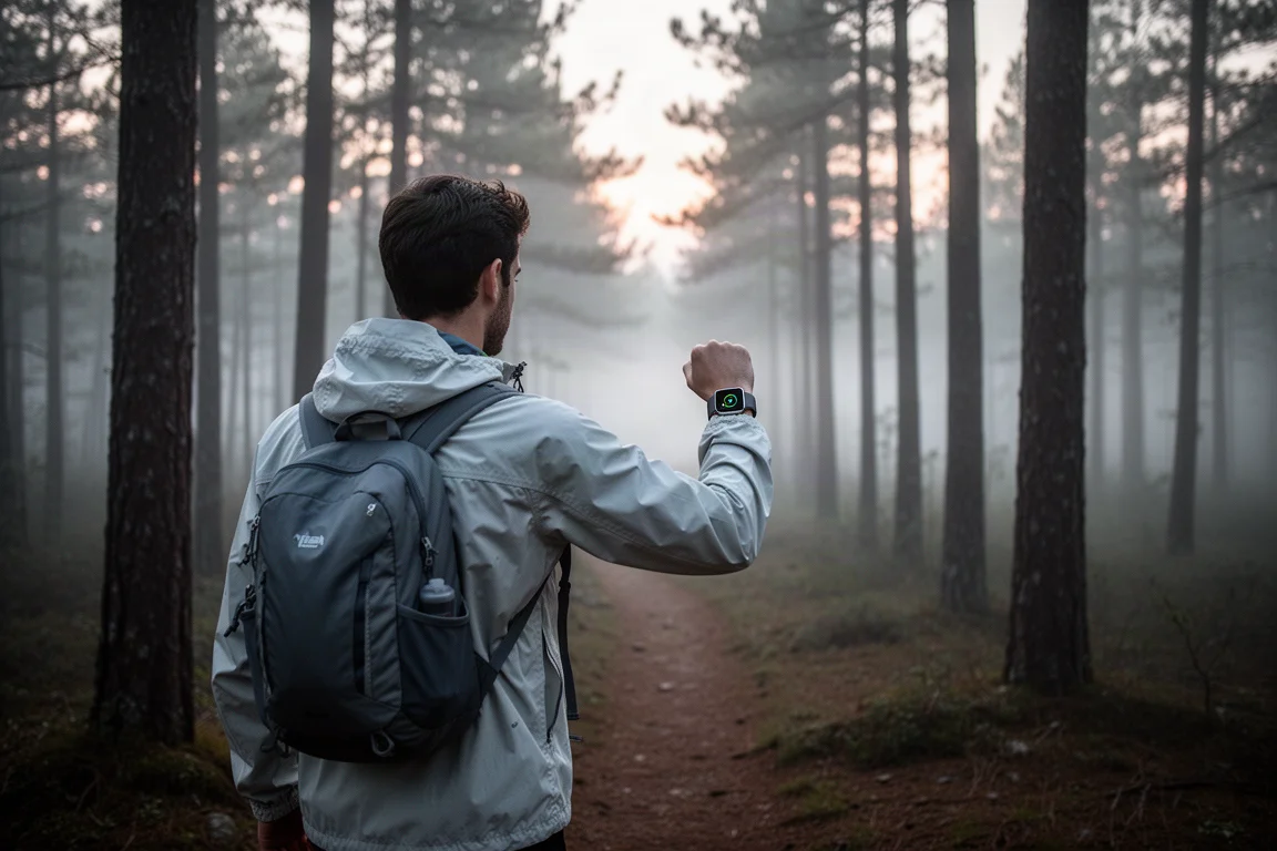 Wanderer von hinten auf einem Waldweg im Morgengrauen beim Blick auf die Smartwatch am Handgelenk