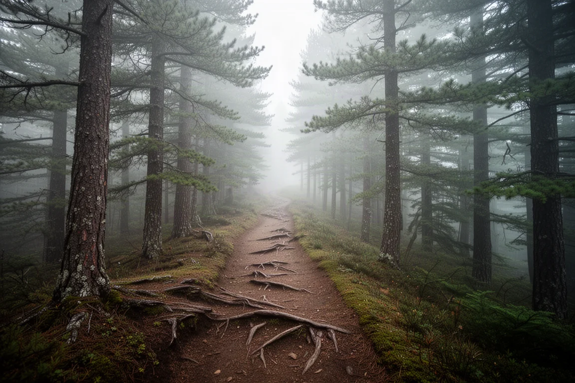 Leerer schmaler Bergpfad, der im Morgennebel durch einen Kiefernwald schlängelt