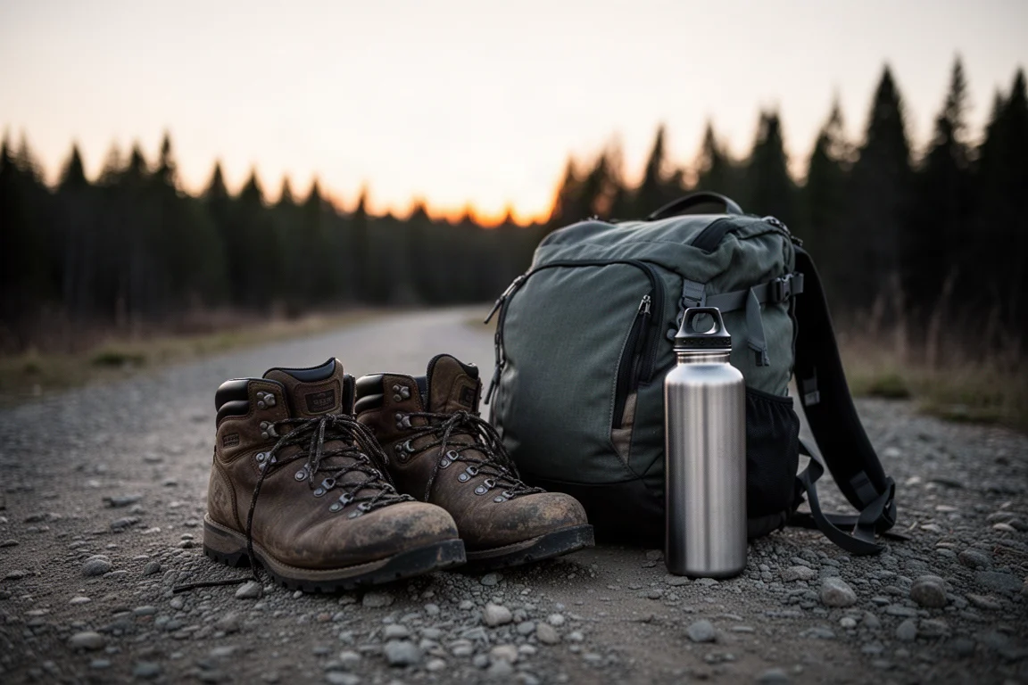 Wanderparkplatz vor Sonnenaufgang mit Wanderstiefeln, Rucksack und Trinkflasche auf Kies