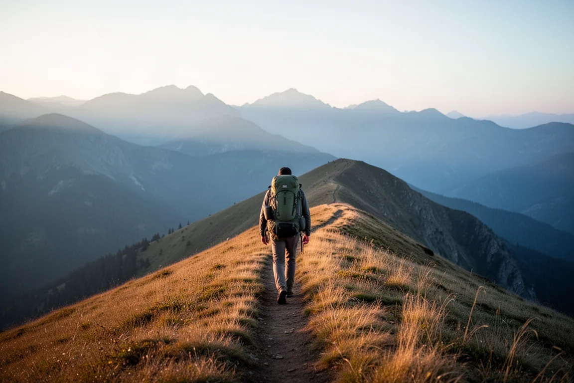 Lone hiker with a backpack walking a narrow ridge trail at first light