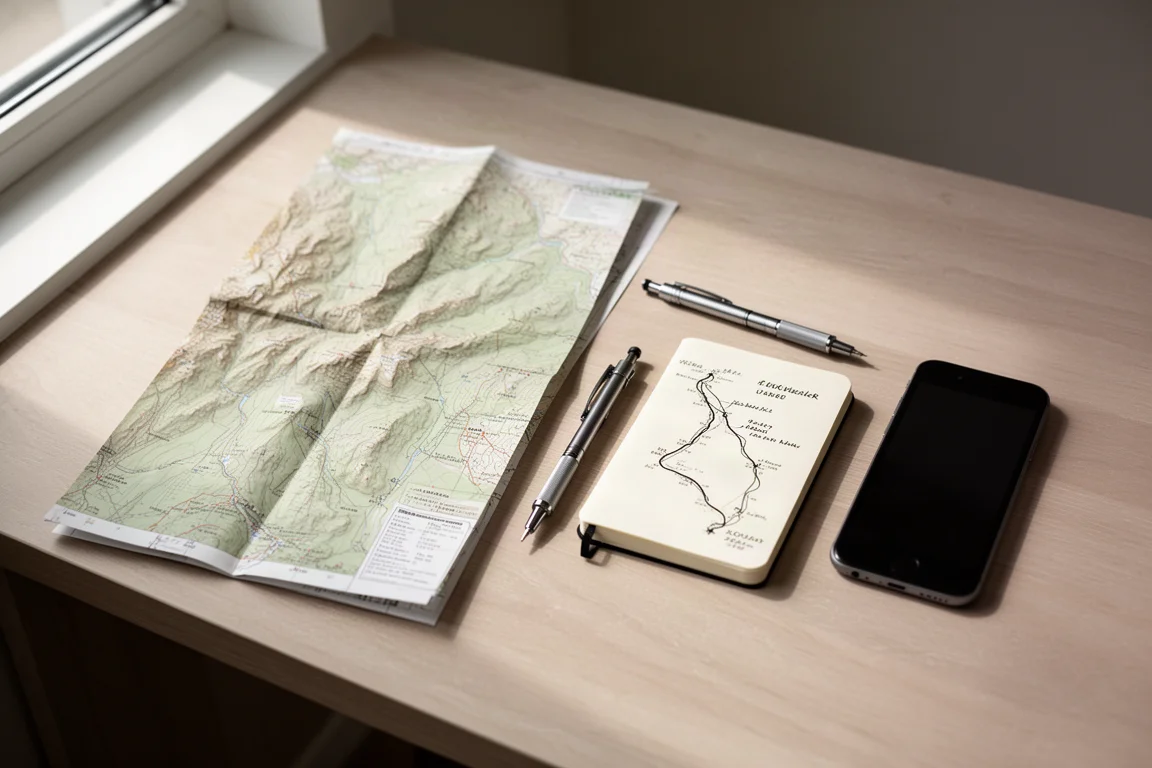 Overhead flat-lay of a topographic map, pencil, notebook, and phone on a desk