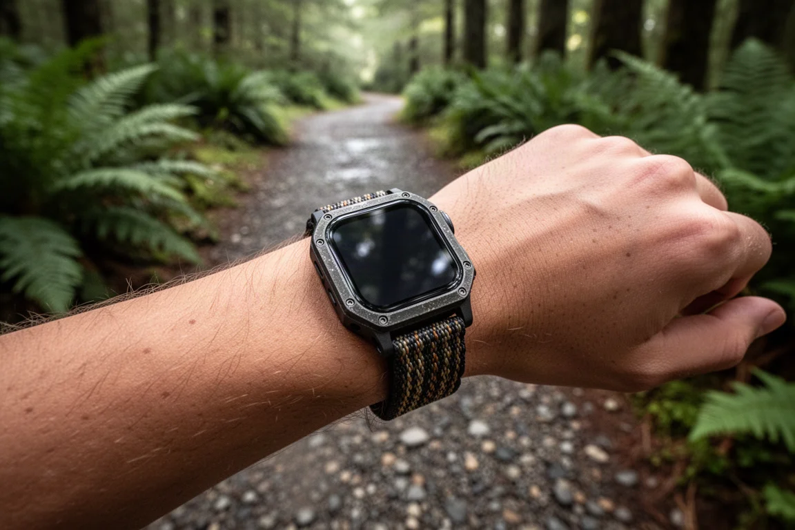Close-up of a wrist wearing a rugged smartwatch on a forest climb