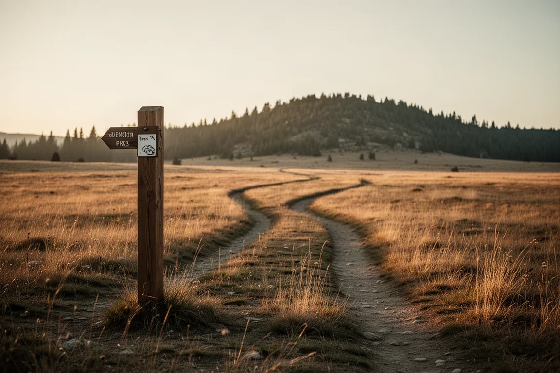 Trail junction post at golden hour with two footpaths diverging into meadow