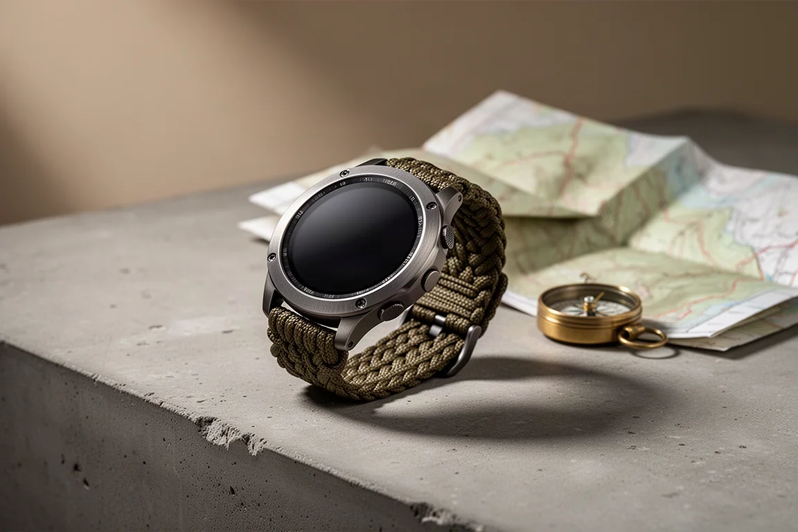 Rugged smartwatch with dark titanium case on concrete beside a paper map and compass