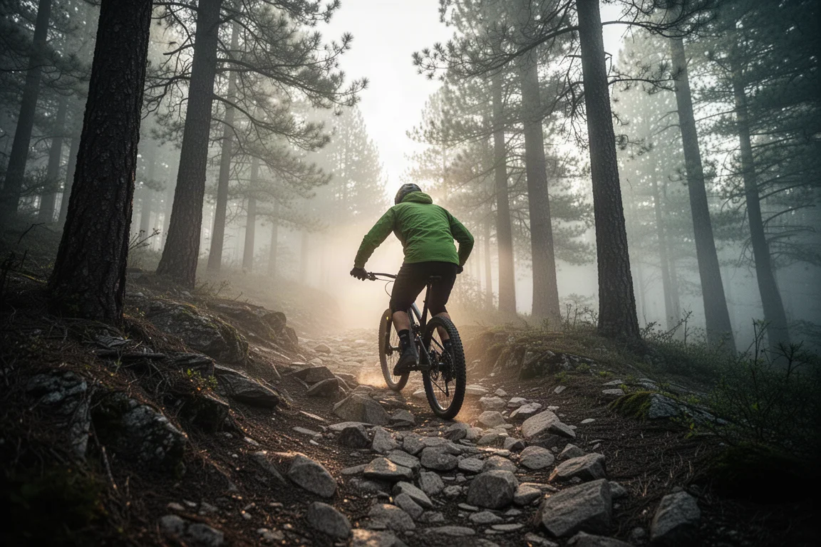 Mountainbiker beim Anstieg auf einem felsigen Waldtrail im Morgengrauen, Nebel zwischen Kiefern