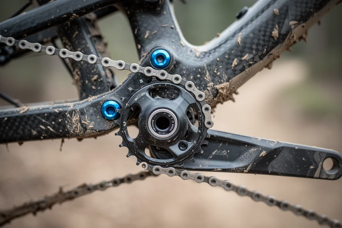 Nahaufnahme der Hinterbau-Umlenkung und der Ketten-Umlenkrolle eines Mountainbikes an einem Carbonrahmen