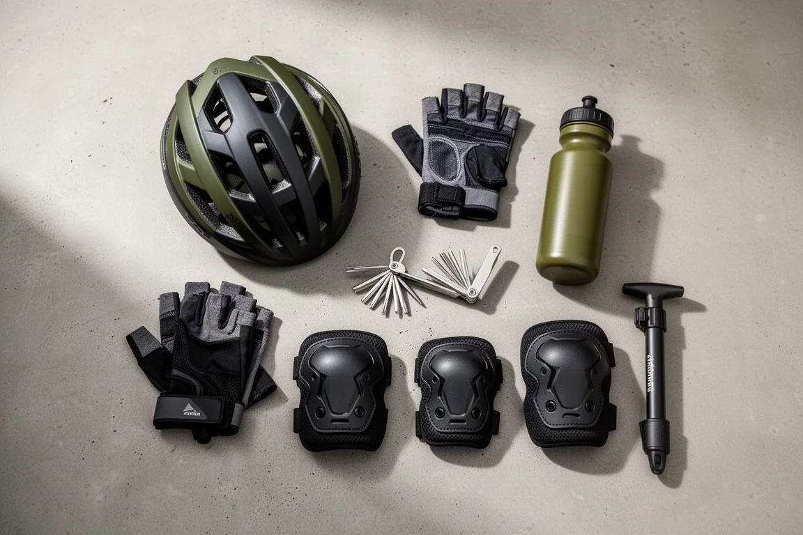 Flatlay von Trail-Essentials fürs Mountainbike mit Helm, Handschuhen, Multitool und Knieschonern
