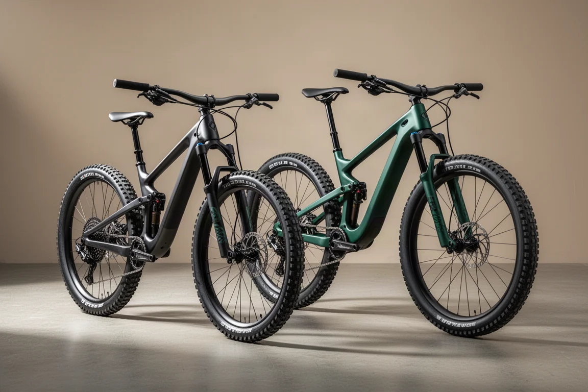 Twee volledig geveerde carbon mountainbikes naast elkaar op een betonnen ondergrond