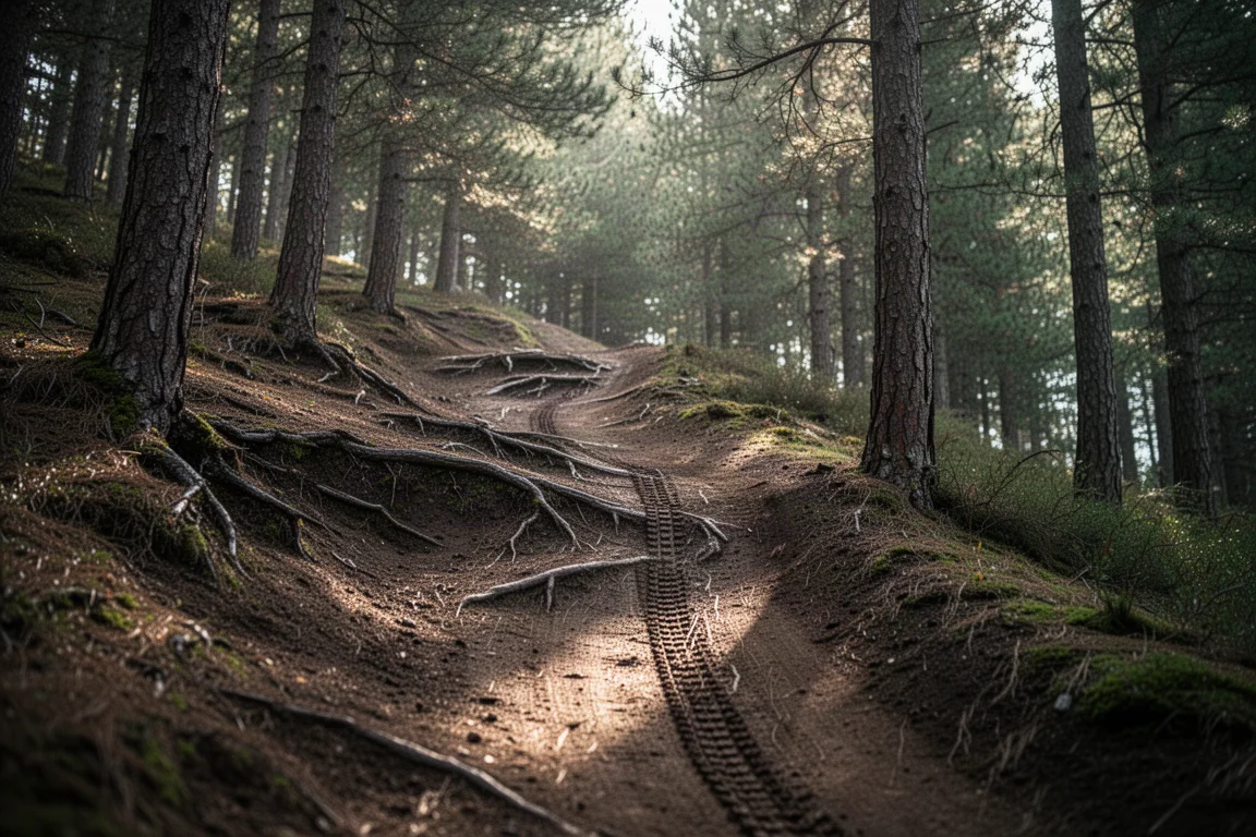 Steiler, wurzelübersäter Waldtrail mit gefiltertem Licht und schwachen Reifenspuren