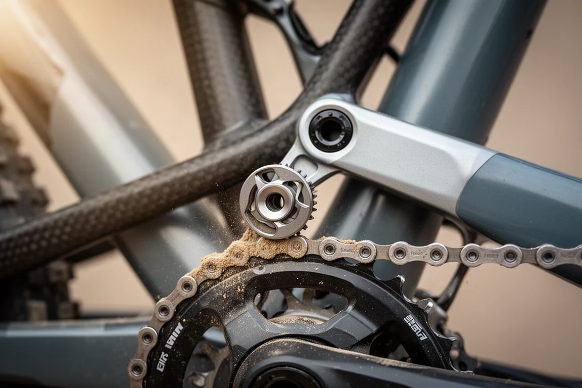 Nahaufnahme einer Umlenkrolle am Mountainbike neben dem Kettenblatt