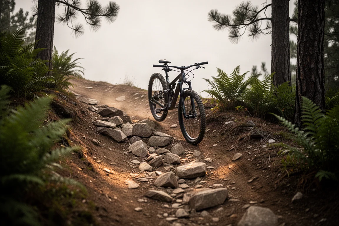 Steinige, von Bremsrillen durchzogene Mountainbike-Abfahrt im Licht des späten Nachmittags
