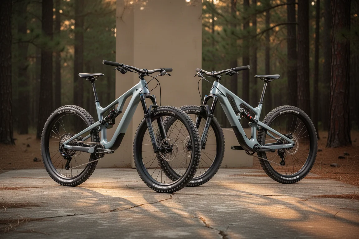 Twee volledig geveerde trail-mountainbikes geparkeerd op beton naast een dennenbos