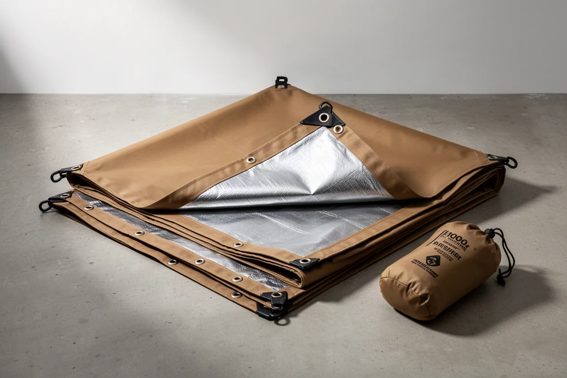 Coyote brown multi-layer shelter tarp with reflective inner face, clips and snaps beside storage pouch