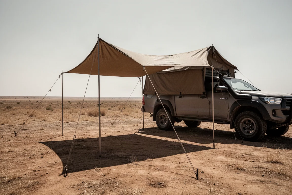 Layered tarp panel rigged from a truck on an open plain casting shade on dusty ground