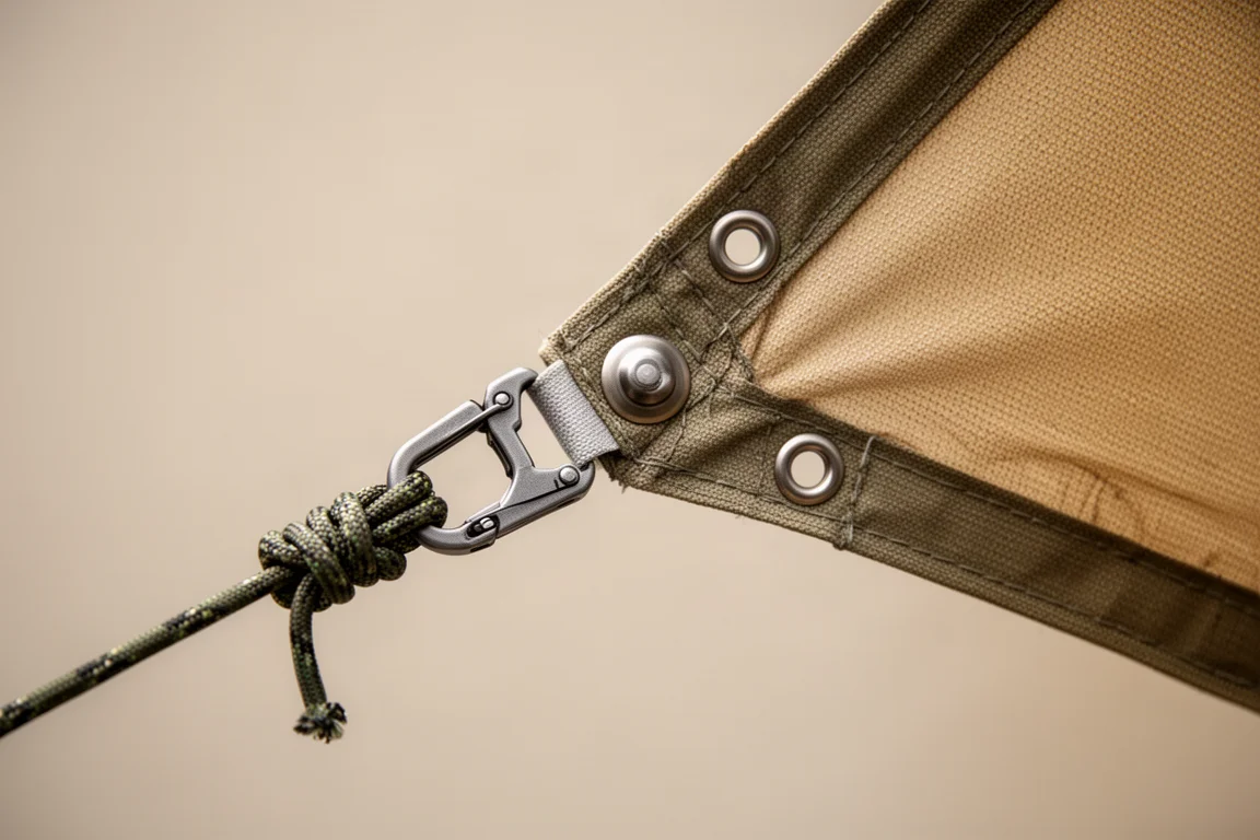 Close-up of a quick-release clip holding paracord beside metal snaps on tarp fabric