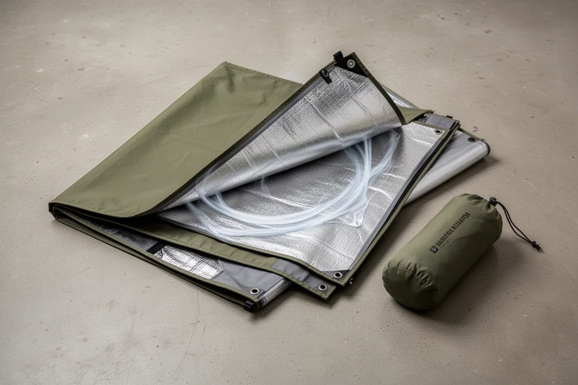 Overhead view of a multi-layer tarp being folded with air trapped between layers