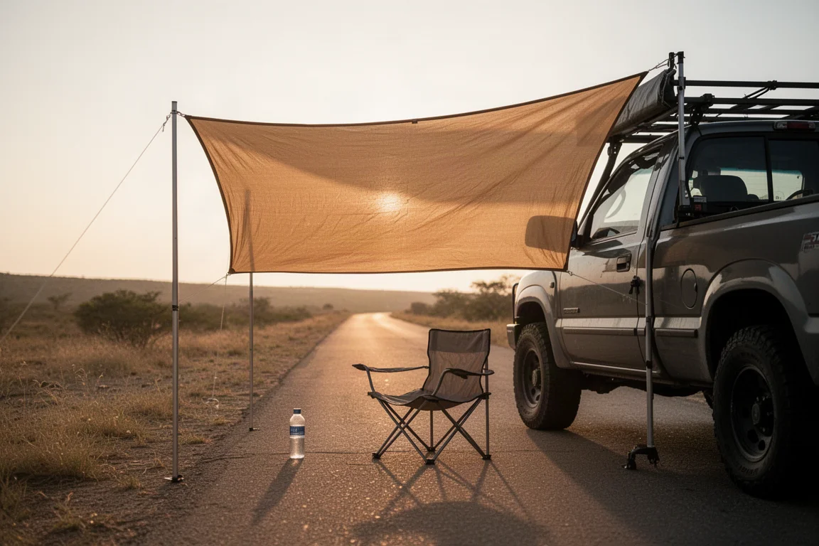 Vehicle-mounted shade panel over a parked truck at golden hour with a camp chair in shade
