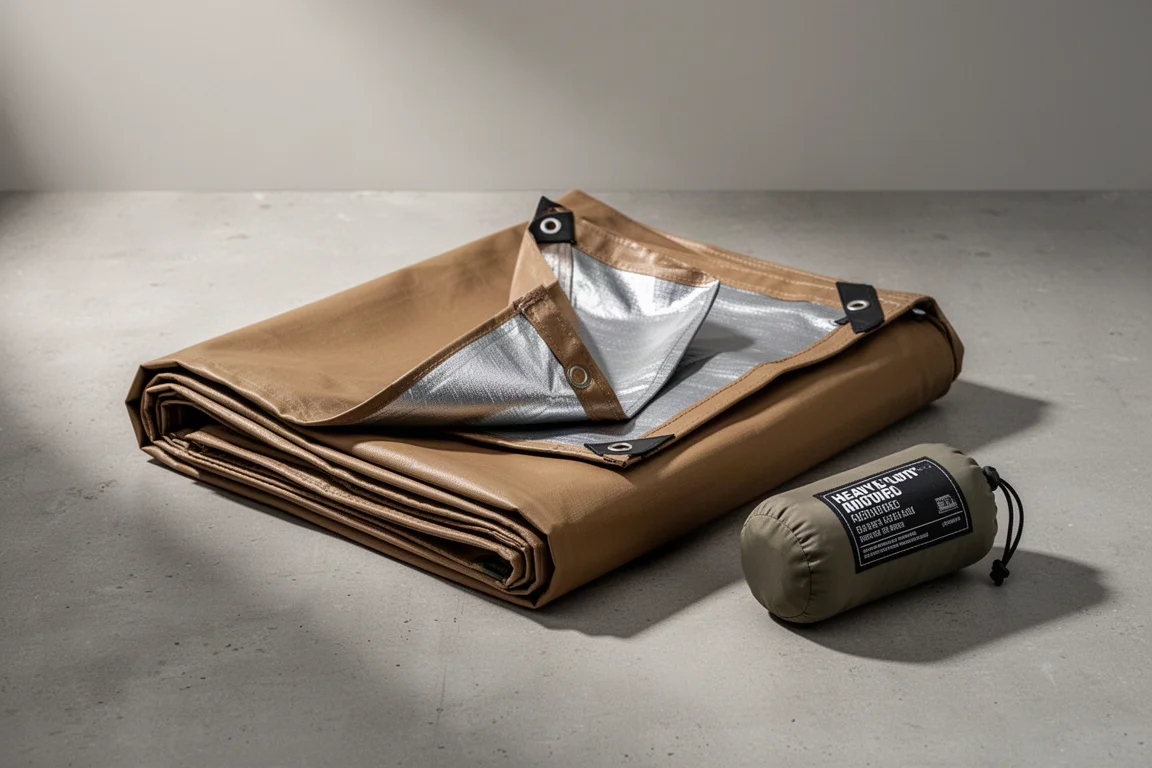 Folded coyote brown multi-layer tarp with reflective inner lining beside its storage pouch