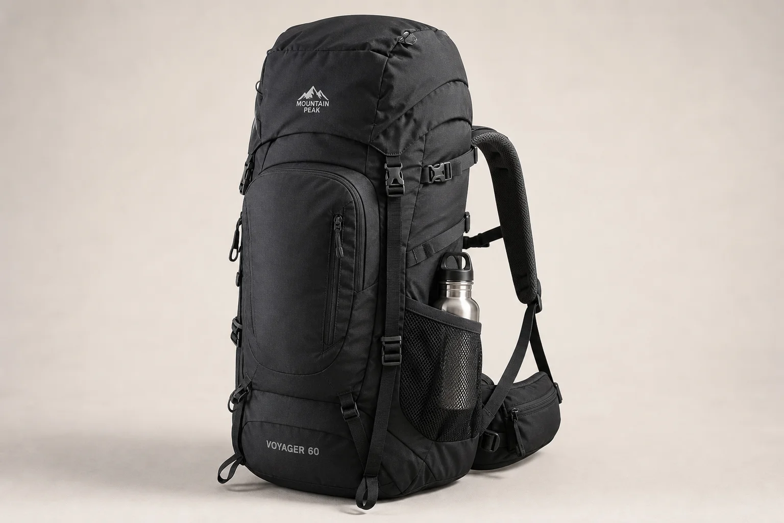 Equipo de senderismo profesional que incluye mochila, botas, chaqueta, tienda de campaña, saco de dormir, linterna frontal y cámara