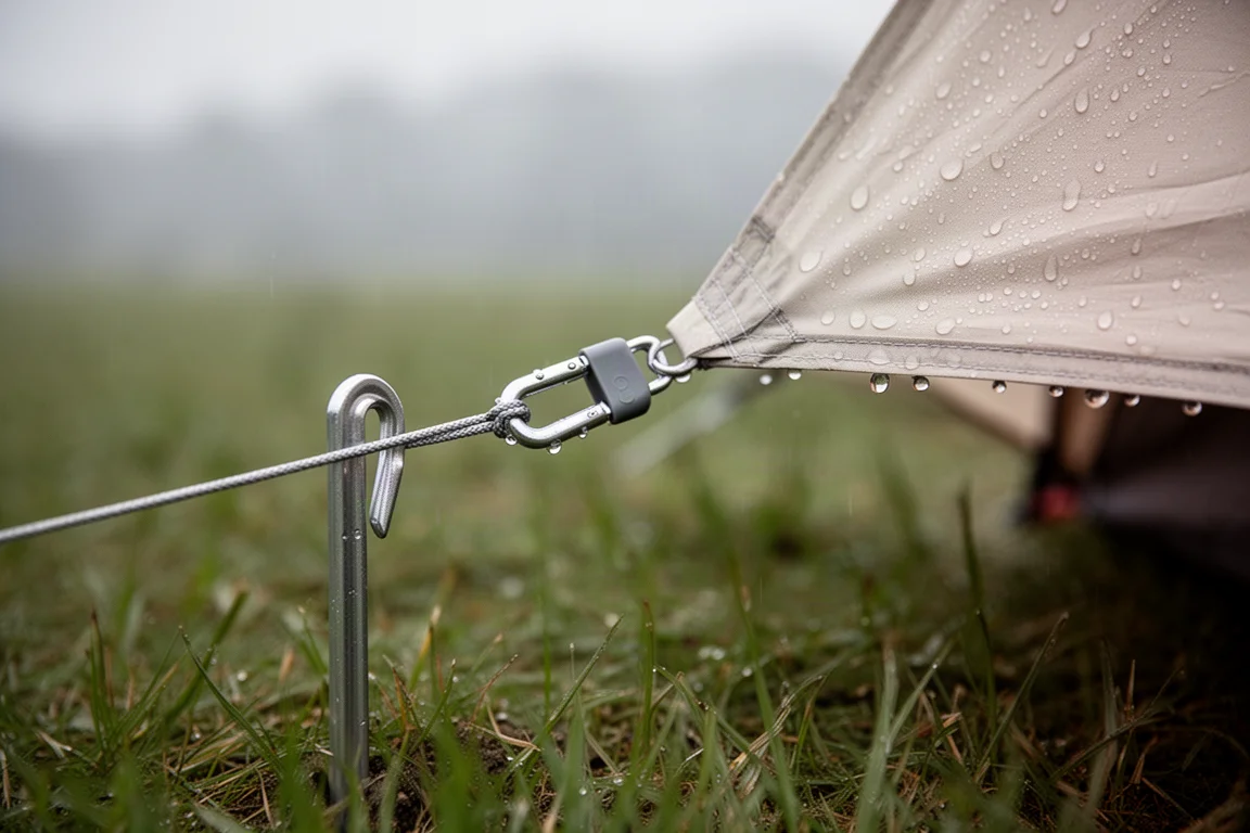 Primer plano de un viento tenso con un mini tensor y un pasador sobre una estaca ligera de tienda