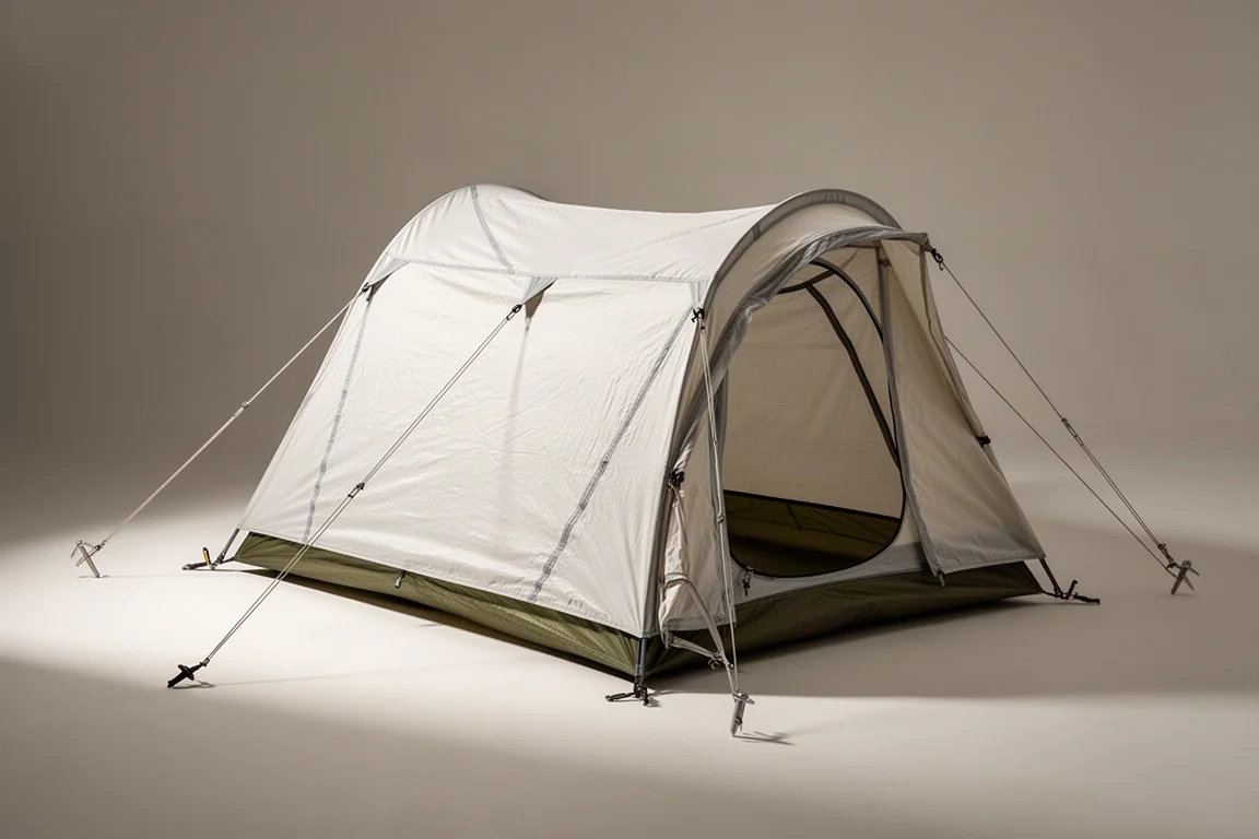 Forclaz MT900 two-person trekking pole tent pitched in undyed white fabric on a neutral backdrop